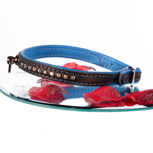 SiaLinda: Halsband echtes Elch Leder mit kleinem O-Ring und Strass, schwarz / blau 14 mm breit - SiaLinda.com